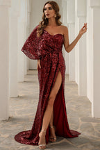 Elegant One Shoulder Sequins Split Mermaid Prom Dress