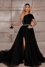 Elegant one shoulder sleeveless a-line 100D-Chiffon evening dresses ribbons