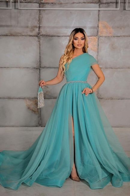 Elegant one shoulder sleeveless a-line 100D-Chiffon evening dresses ribbons