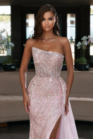 Elegant Pink Sequined Sleeveless Long Mermaid Prom Dress With Slit