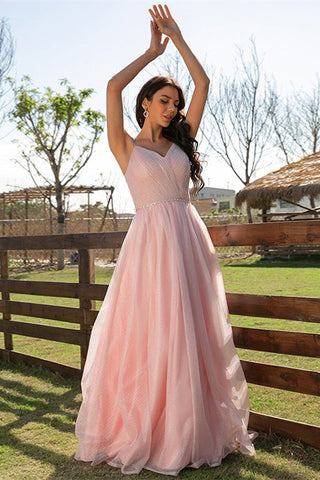 Robe de soirée longue rose élégante sans manches et froncée, disponible en ligne