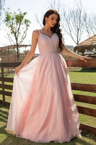 Robe de soirée longue rose élégante sans manches et froncée, disponible en ligne