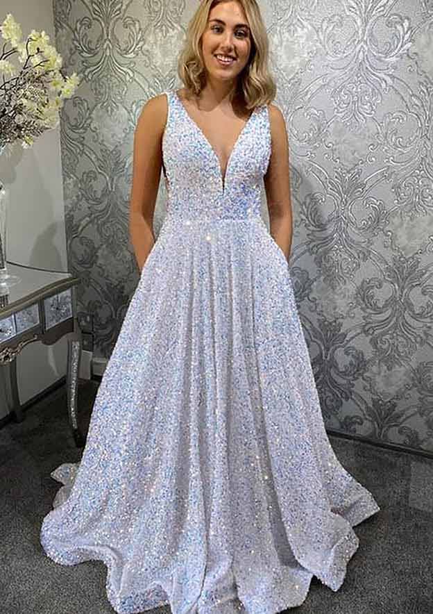 Vestido largo de fiesta de terciopelo con lentejuelas, sin mangas, escote en V y corte en A, con bolsillos.