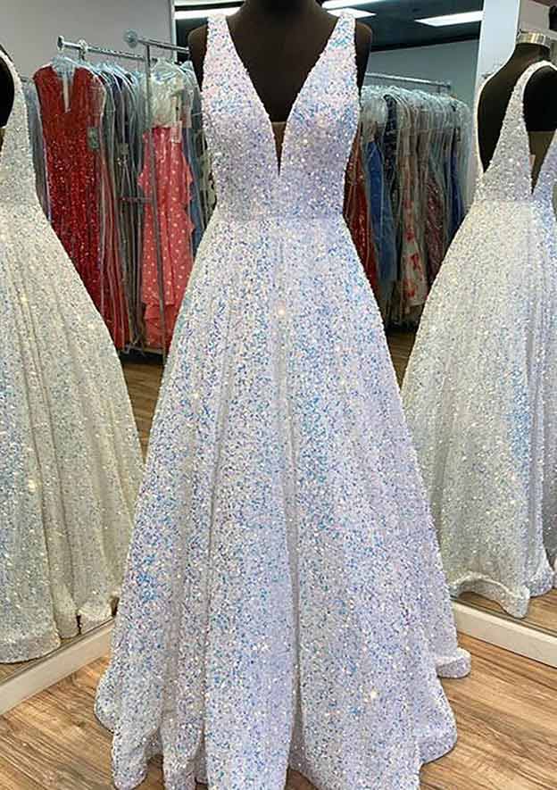 Vestido largo de fiesta de terciopelo con lentejuelas, sin mangas, escote en V y corte en A, con bolsillos.