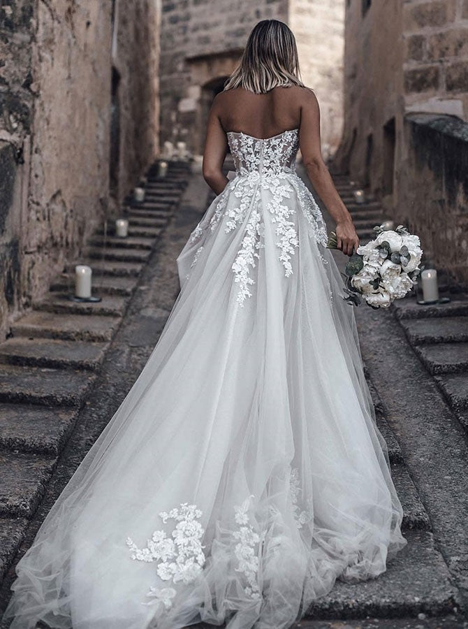 Robes de mariée élégantes de style princesse, coupe trapèze, avec dentelle 