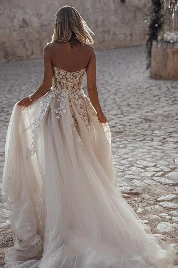Robes de mariée élégantes de style princesse, coupe trapèze, avec dentelle 