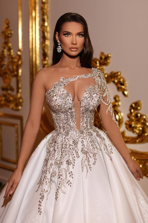 Elegantes vestidos de novia largos de corte princesa, corte en A, escote en V y un solo hombro, de satén.