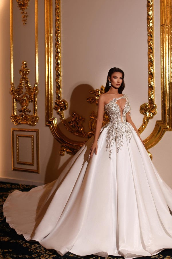 Elegantes vestidos de novia largos de corte princesa, corte en A, escote en V y un solo hombro, de satén.