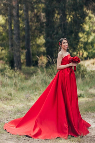 Elegantes vestidos de novia rojos de satén sin mangas, corte en A, un solo hombro