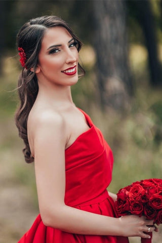 Elegantes vestidos de novia rojos de satén sin mangas, corte en A, un solo hombro