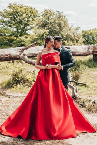 Elegantes vestidos de novia rojos de satén sin mangas, corte en A, un solo hombro