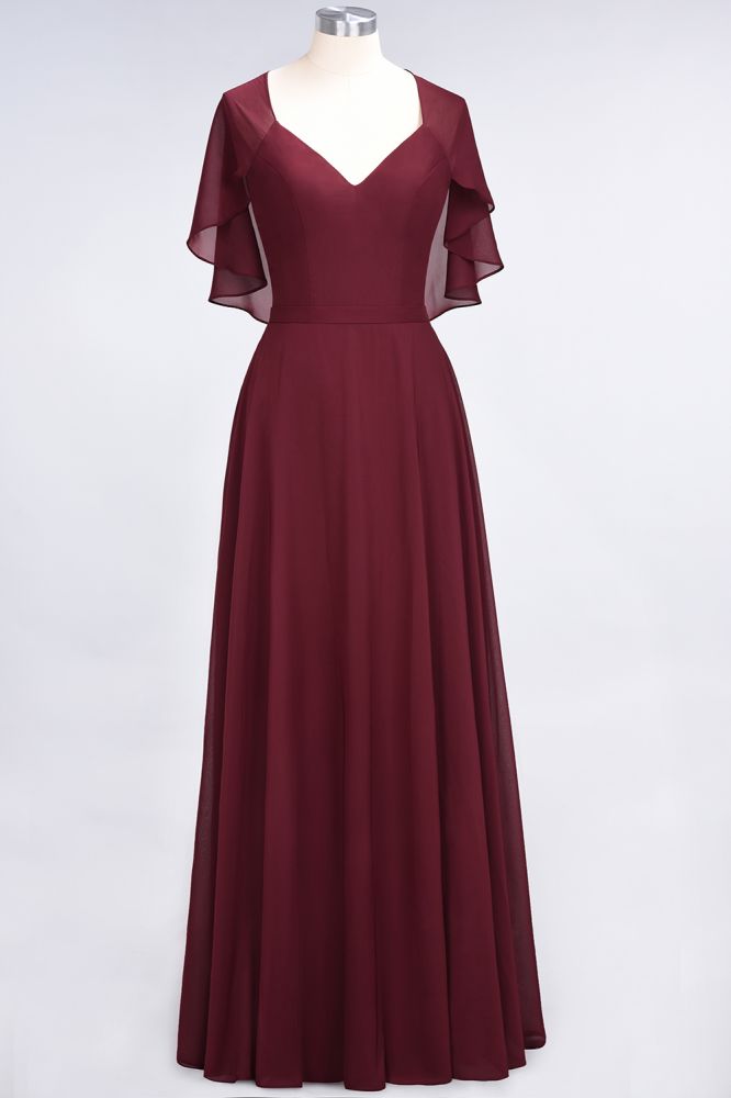 Robe de demoiselle d'honneur princesse élégante en satin à col en V et manches courtes, ornée de volants en mousseline, pour un mariage.
