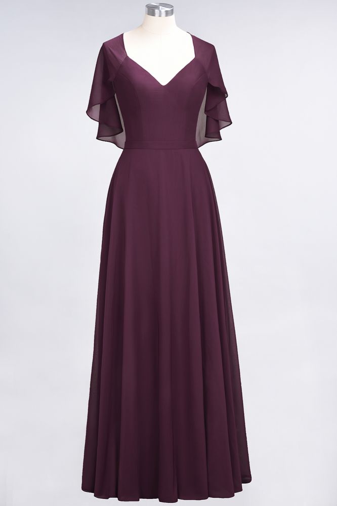 Elegante vestido de dama de honor estilo princesa, de satén, con escote en V, manga corta y volantes de gasa.