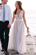 Elegante vestido de novia playero de encaje, corte en A, escote redondo y tul WD034