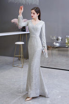 Elegant Sequined Burgundy V-Neck Mermaid Cocktail Party Dress Floor Length