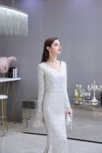 Elegant Sequined Burgundy V-Neck Mermaid Cocktail Party Dress Floor Length