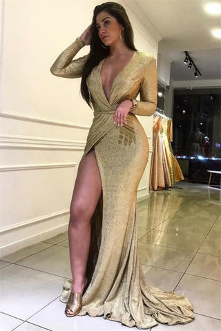 Elegant Sexy Deep V-Neck Mermaid Long Sleeves Front-Slipt Formal Dresses