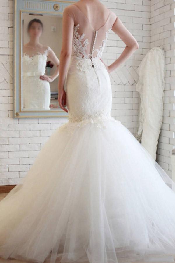 Elegante vestido de novia de sirena con espalda transparente de tul y encaje WD148 