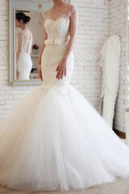 Elegante vestido de novia de sirena con espalda transparente de tul y encaje WD148 