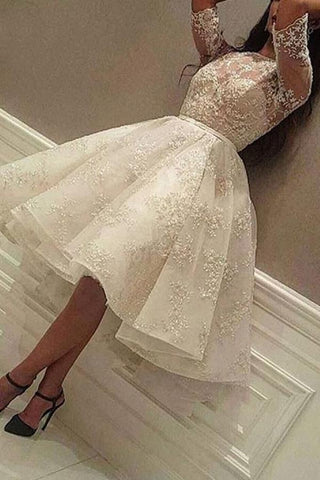 Elegante vestido de novia corto de corte A, tul joya y encaje con mangas