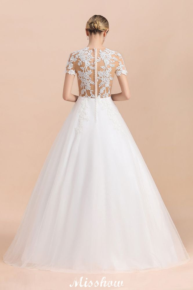 Elegante vestido de novia de manga corta con apliques de encaje blanco