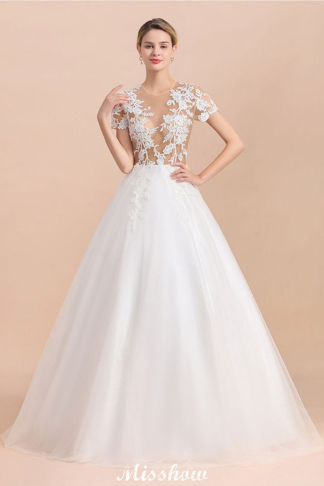 Elegante vestido de novia de manga corta con apliques de encaje blanco