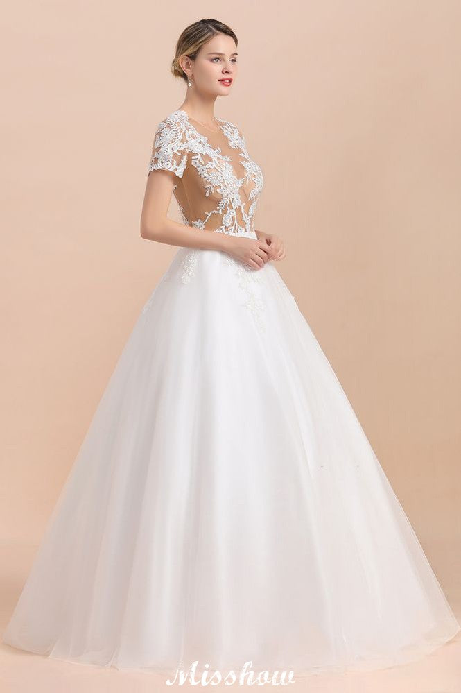 Elegante vestido de novia de manga corta con apliques de encaje blanco