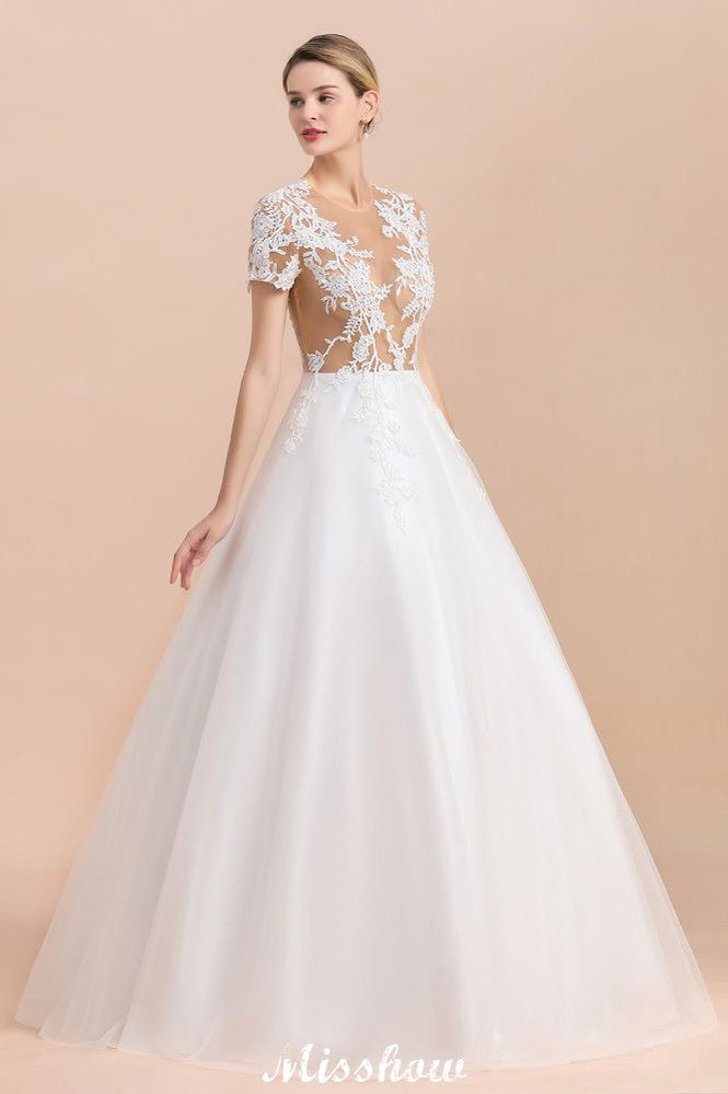 Elegante vestido de novia de manga corta con apliques de encaje blanco