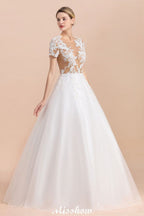 Elegante vestido de novia de manga corta con apliques de encaje blanco