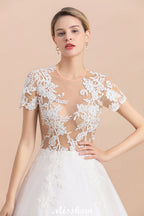 Elegante vestido de novia de manga corta con apliques de encaje blanco