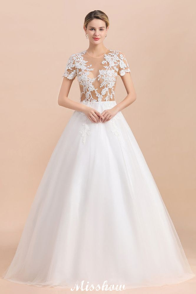 Elegante vestido de novia de manga corta con apliques de encaje blanco