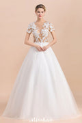 Elegante vestido de novia de manga corta con apliques de encaje blanco