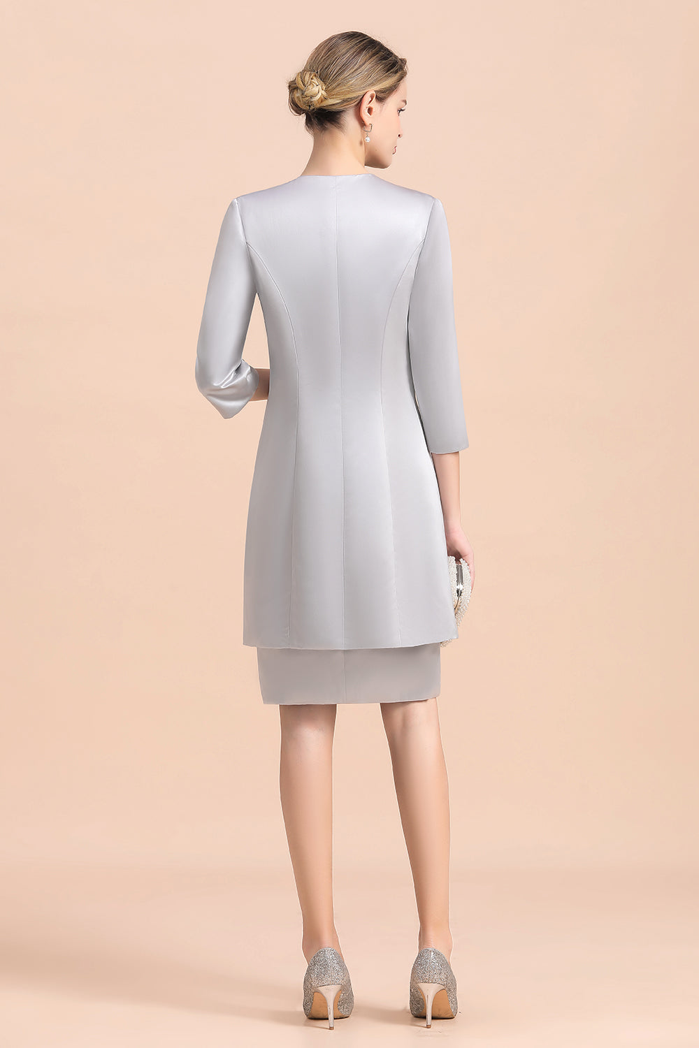 Elegante vestido corto plateado para la madre de la novia, vestido de fiesta nupcial hasta la rodilla