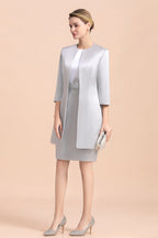 Elegante vestido corto plateado para la madre de la novia, vestido de fiesta nupcial hasta la rodilla
