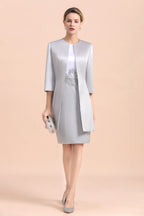 Elegante vestido corto plateado para la madre de la novia, vestido de fiesta nupcial hasta la rodilla