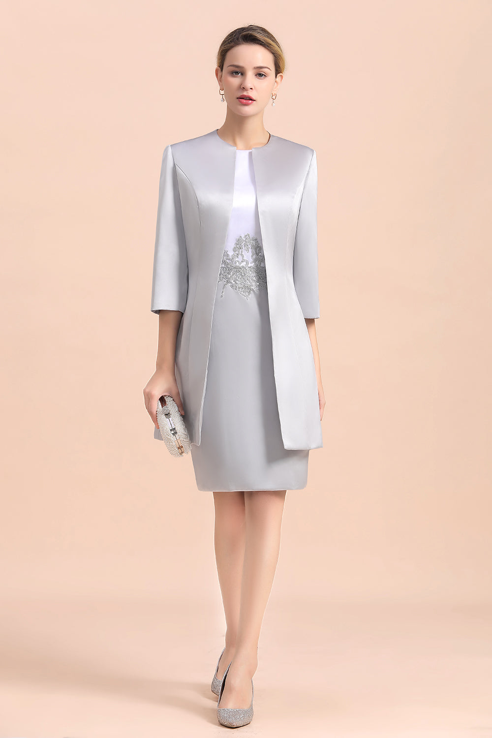 Elegante vestido corto plateado para la madre de la novia, vestido de fiesta nupcial hasta la rodilla