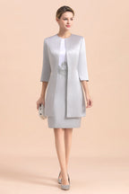 Elegante vestido corto plateado para la madre de la novia, vestido de fiesta nupcial hasta la rodilla