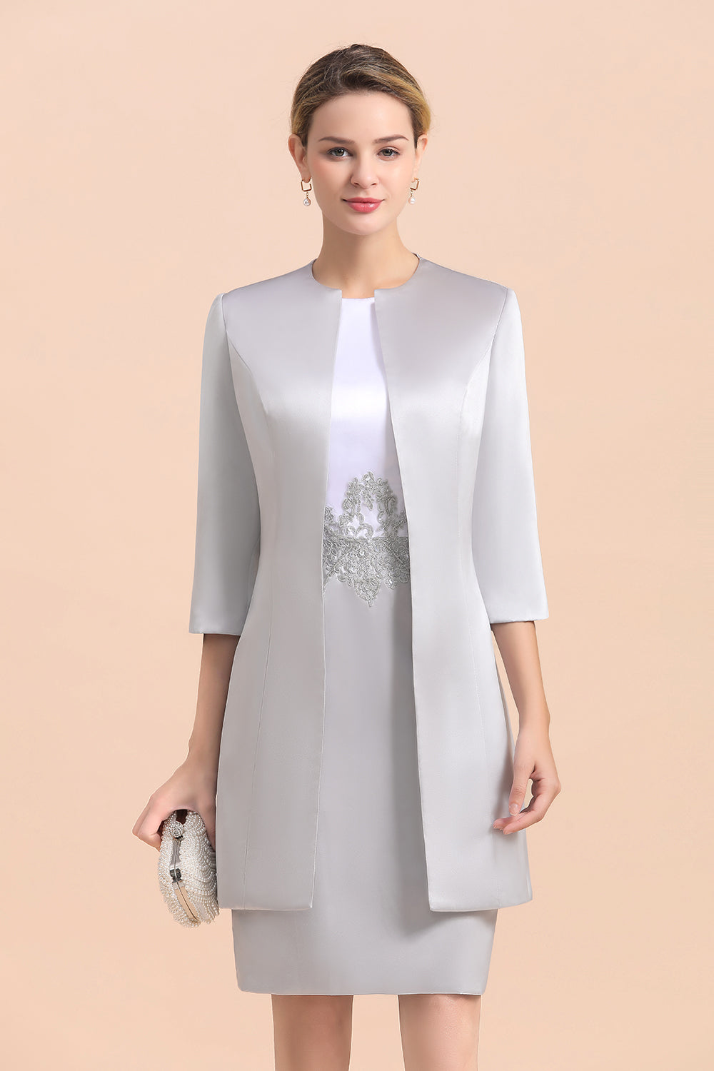 Elegante vestido corto plateado para la madre de la novia, vestido de fiesta nupcial hasta la rodilla