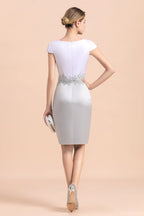 Elegante vestido corto plateado para la madre de la novia, vestido de fiesta nupcial hasta la rodilla