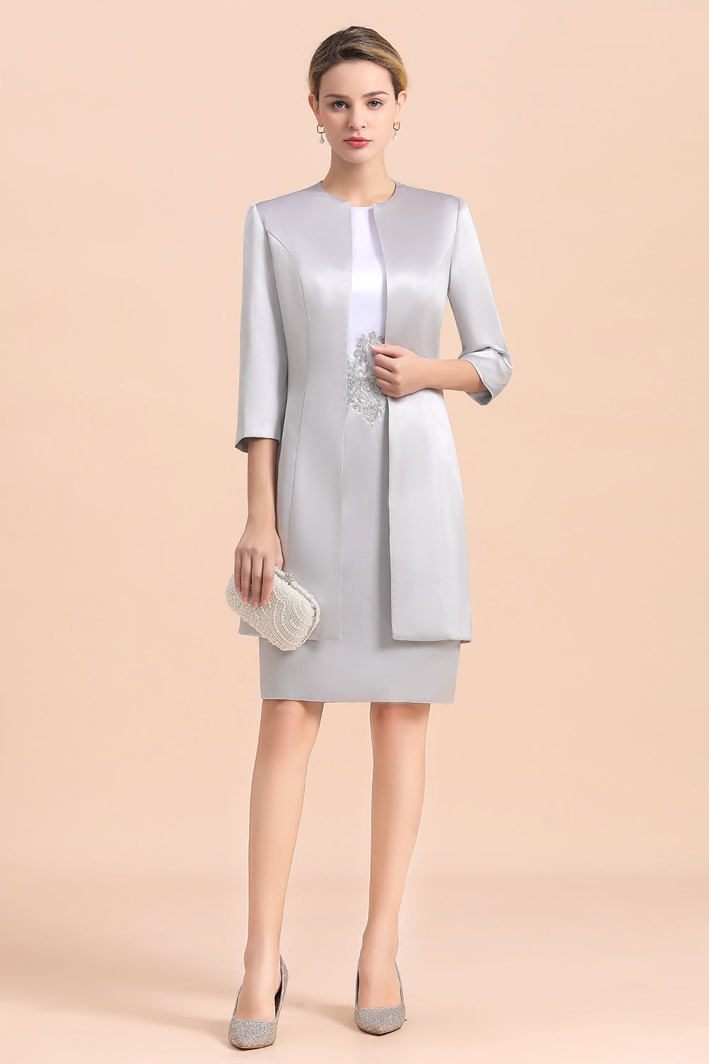 Elegante vestido corto plateado para la madre de la novia, vestido de fiesta nupcial hasta la rodilla