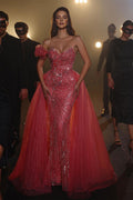 Elegantes vestidos de fiesta de sirena rosas sin mangas con escote corazón y lentejuelas