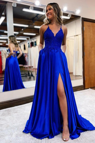 Elegant Spaghetti Straps A-Line Prom Dresses Evening Gowns With Slit