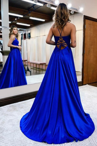 Elegant Spaghetti Straps A-Line Prom Dresses Evening Gowns With Slit