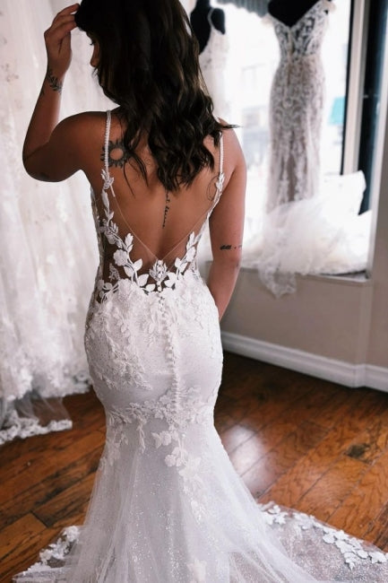 elegante vestido de novia de encaje sin mangas con tirantes finos estilo sirena