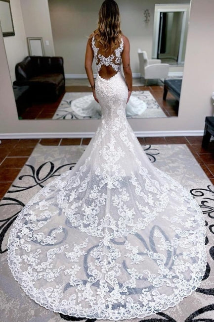 Robes de mariée élégantes à bretelles spaghetti, sans manches, en dentelle, style sirène