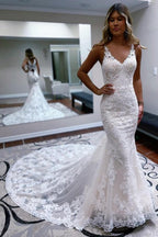 Robes de mariée élégantes à bretelles spaghetti, sans manches, en dentelle, style sirène