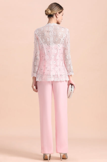 Elegante mono sin tirantes con apliques para la madre de la novia, con mangas largas cruzadas.