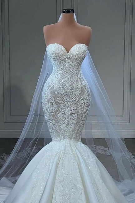 Élégantes robes de mariée sirène bustier sans manches en satin et dentelle 