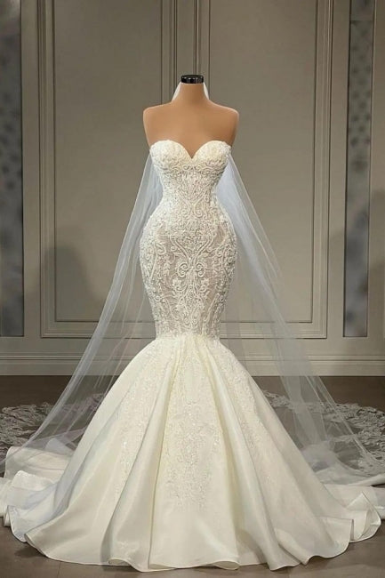Élégantes robes de mariée sirène bustier sans manches en satin et dentelle 