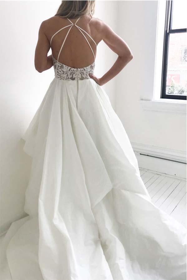 Robe de mariée longue ivoire à bretelles élégantes et haut en dentelle WD274